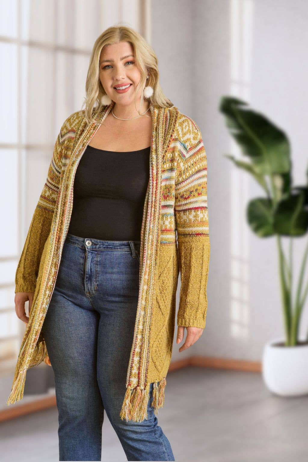 Maya PLUS FRINGE HEM AZTEC CARDIGAN