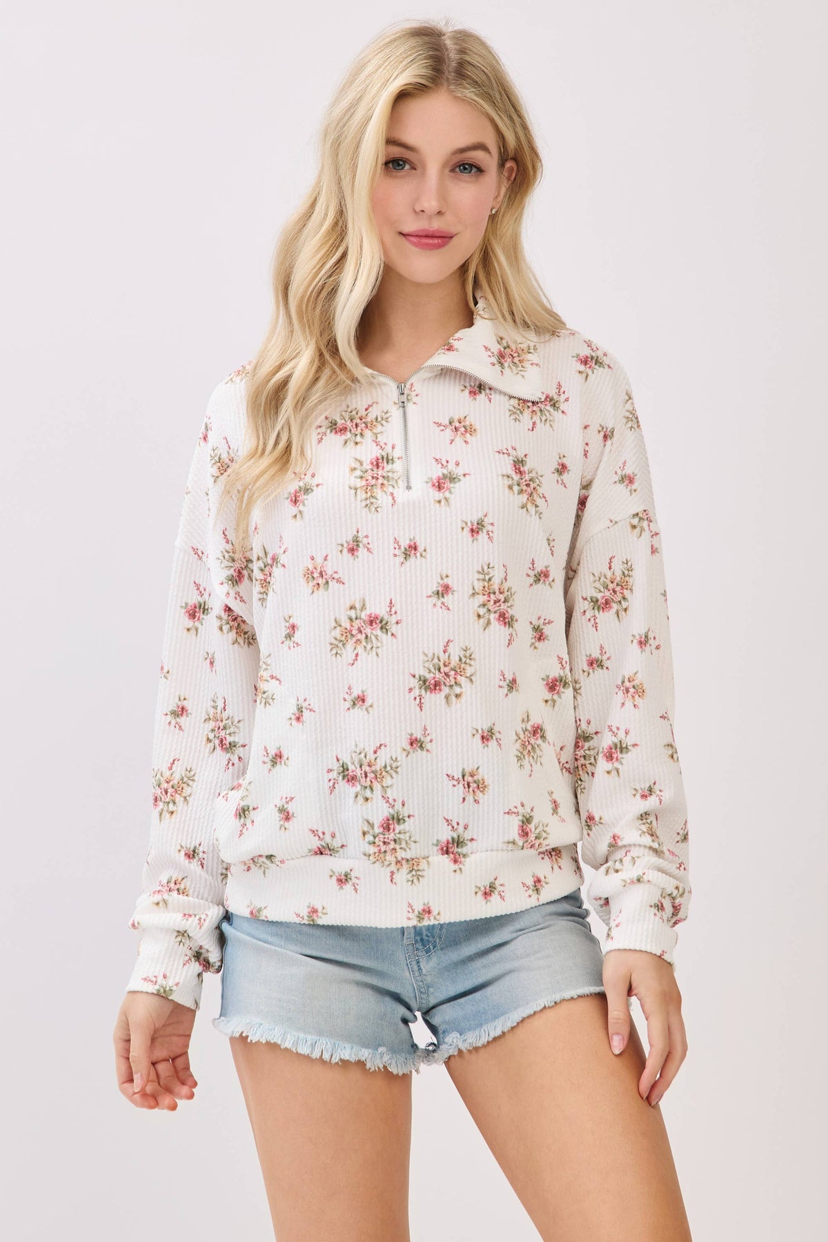 Floral Ribbed Quarter-Zip Pullover