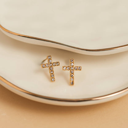 Howard's - Waterproof Earrings Pave Cross Stud Gold & Steel Narelle