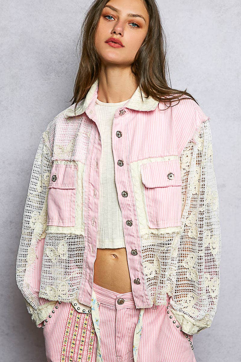 Pol Clothing - Cable Knit Lace Patchwork Woven Long Sleeve Shirt Top