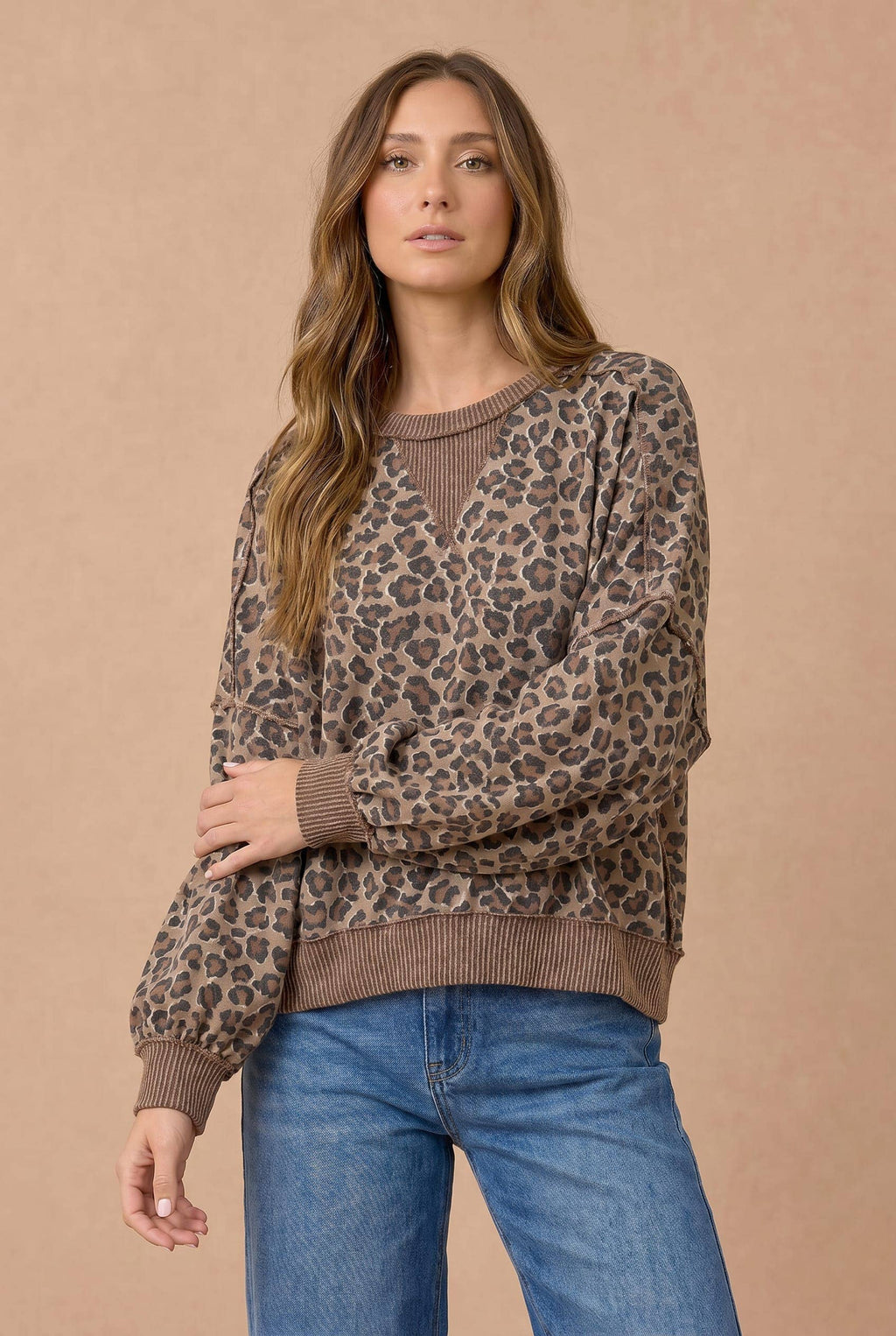 Haptics - Plus Leopard Print Wave Rib Banded Hem Pullover