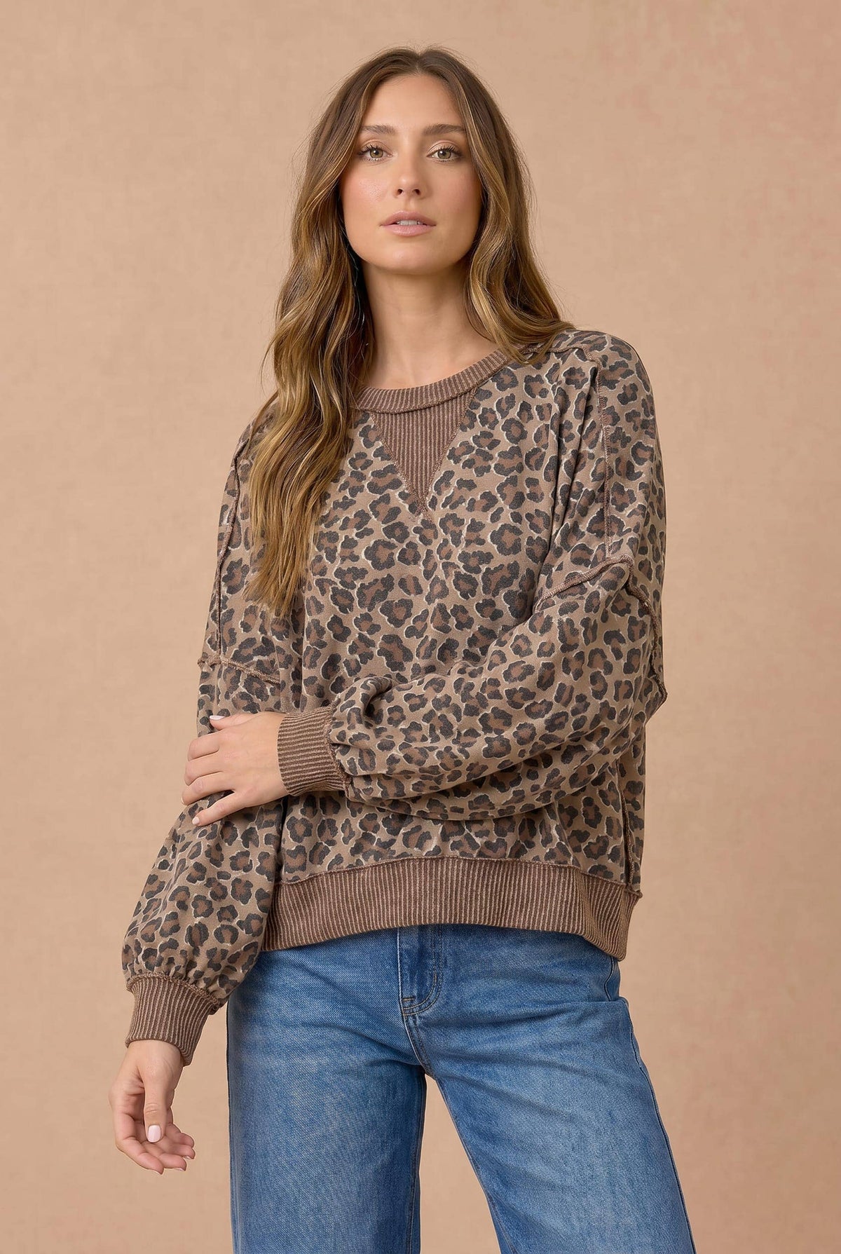 Haptics - Plus Leopard Print Wave Rib Banded Hem Pullover