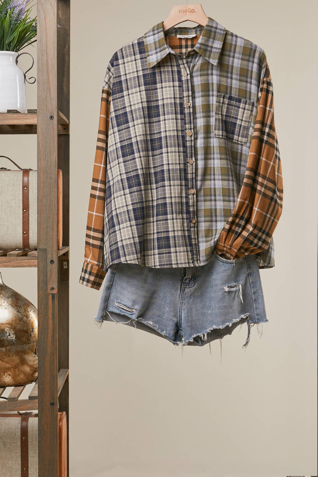 Mello. - Mixed Plaid Patchwork Button Up Shirt