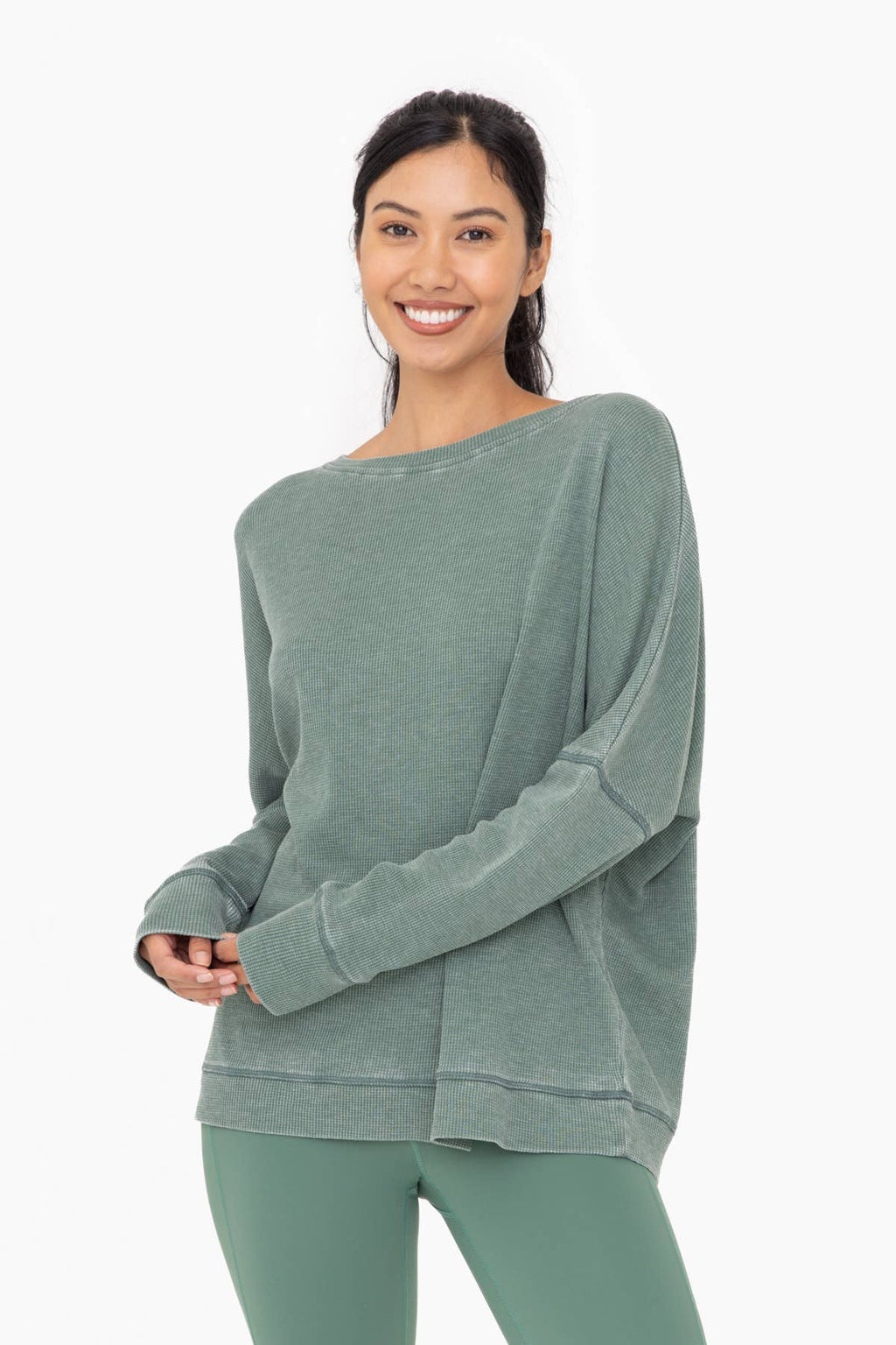 Waffle Ribbed Round Neck Pullover Mono B