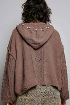 Pol Clothing - Oversize Fit V-neck Hooded Cable Knit Chenille Sweater SALE
