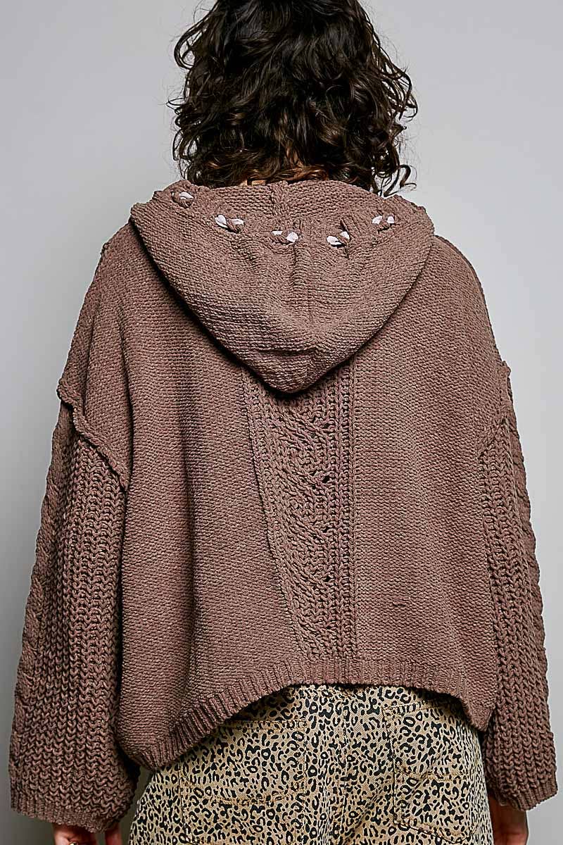 Pol Clothing - Oversize Fit V-neck Hooded Cable Knit Chenille Sweater SALE