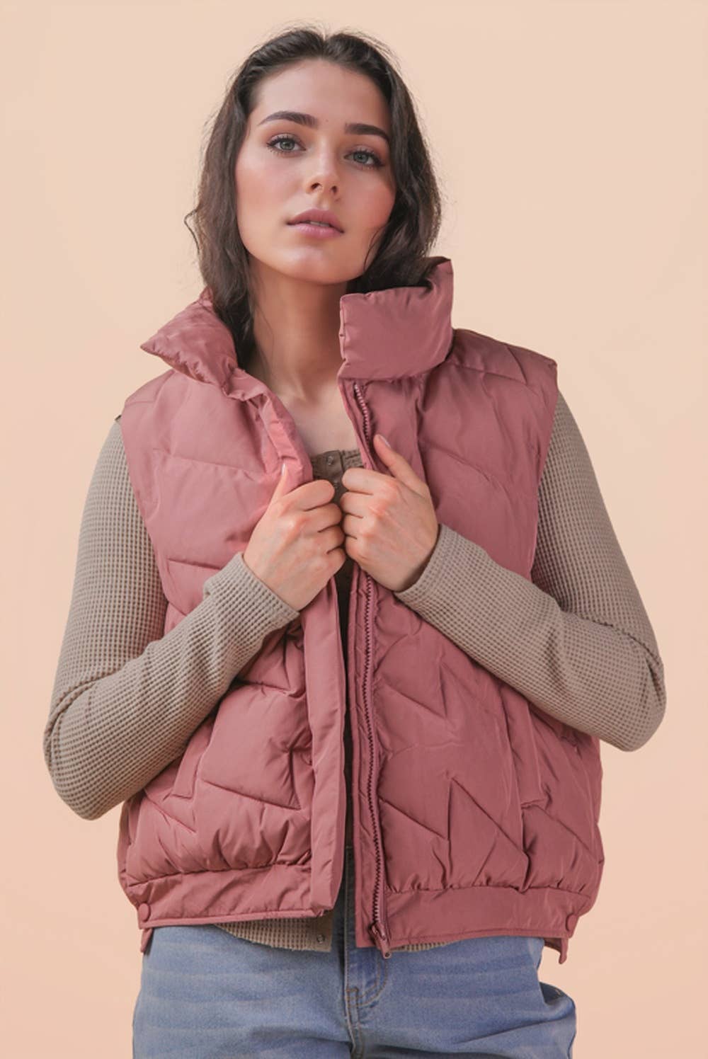 Bermie Mock Neck Casual Zigzag Quilted Puffer Vest