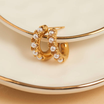 Howard's - Waterproof Earrings Pearl C-Hoop Gold & Stainless Steel