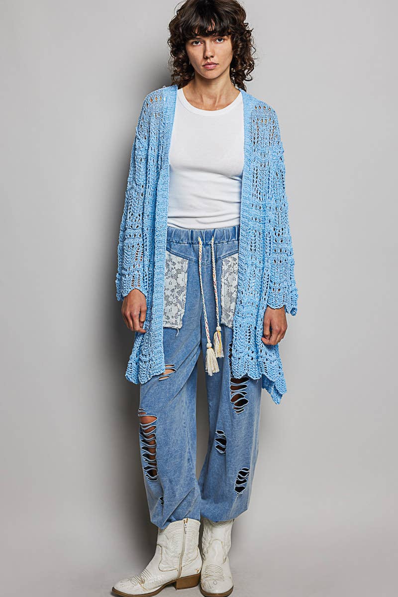 Pol Clothing - Weave Pattern Solid Thin Acrylic Sweater Open Cardigan SALE