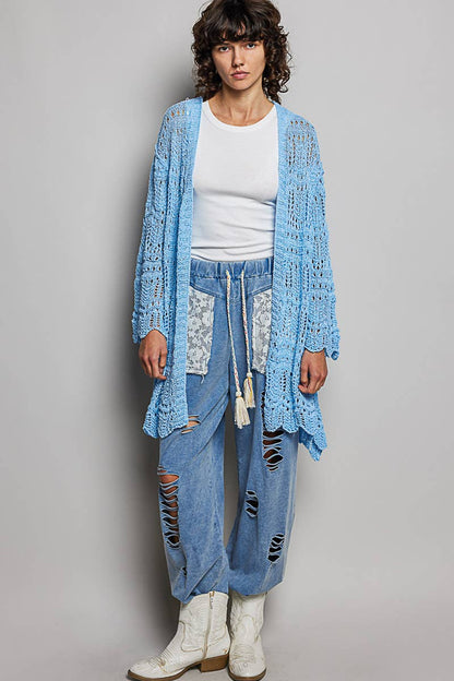 Pol Clothing - Weave Pattern Solid Thin Acrylic Sweater Open Cardigan SALE