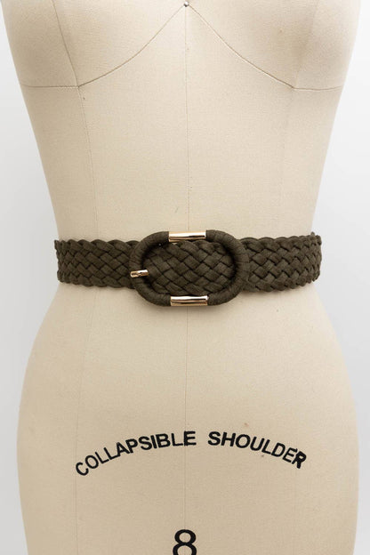 Braided PVC Suede Oval Buckle Belt: Camel