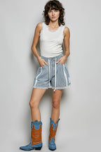 Pol Clothing - Vintage Washing Stripe Solid Crochet Patch Short Wide Pants