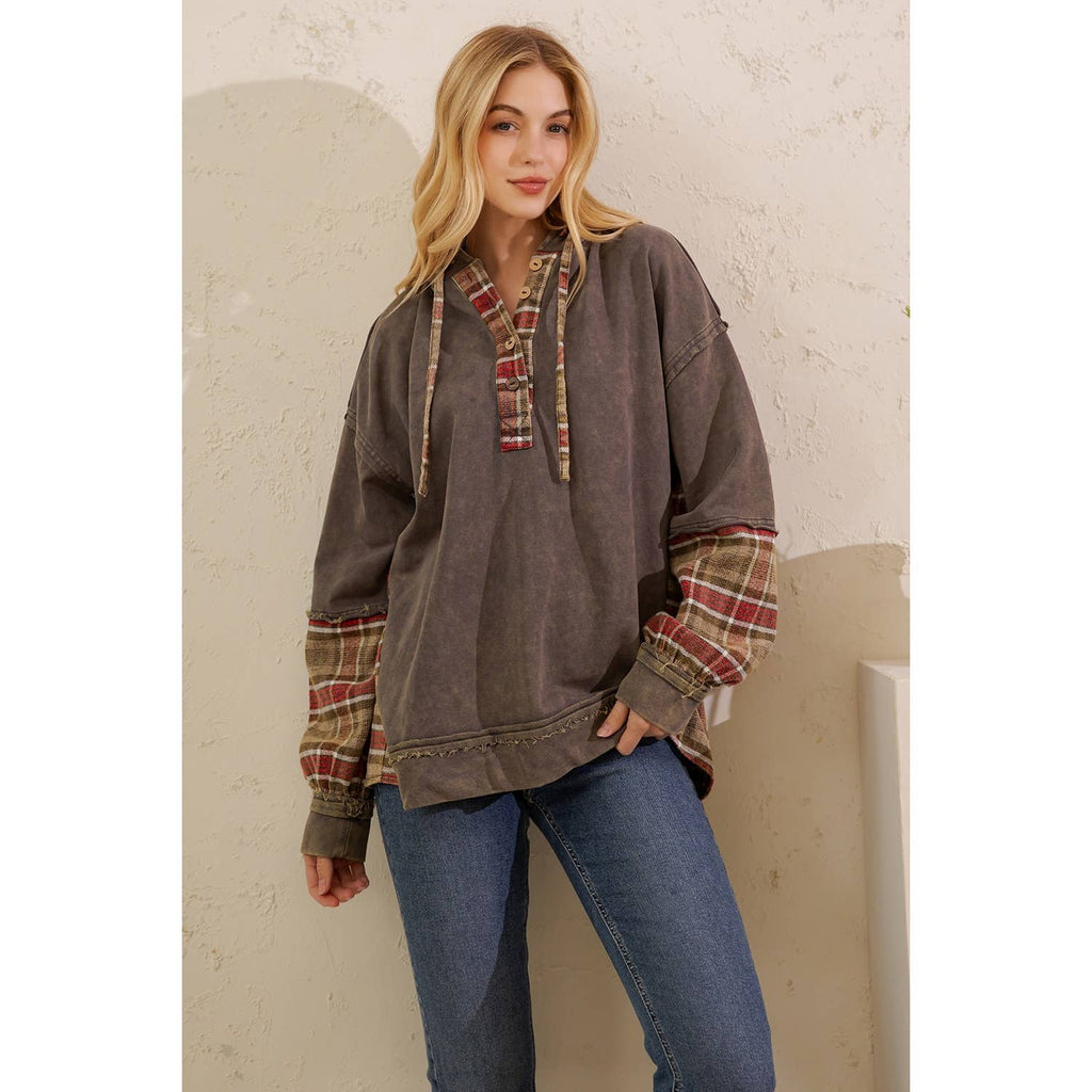 Sage + Fig - VINTAGE PLAID MIXED-MEDIA HOODIE PULLOVER