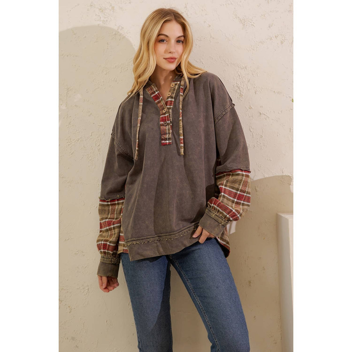 Sage + Fig - VINTAGE PLAID MIXED-MEDIA HOODIE PULLOVER