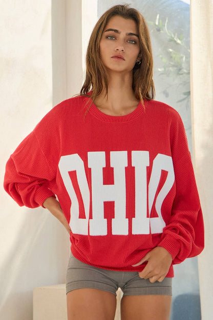 OHIO' Print Ribbed Oversized Graphic Sweatshirt