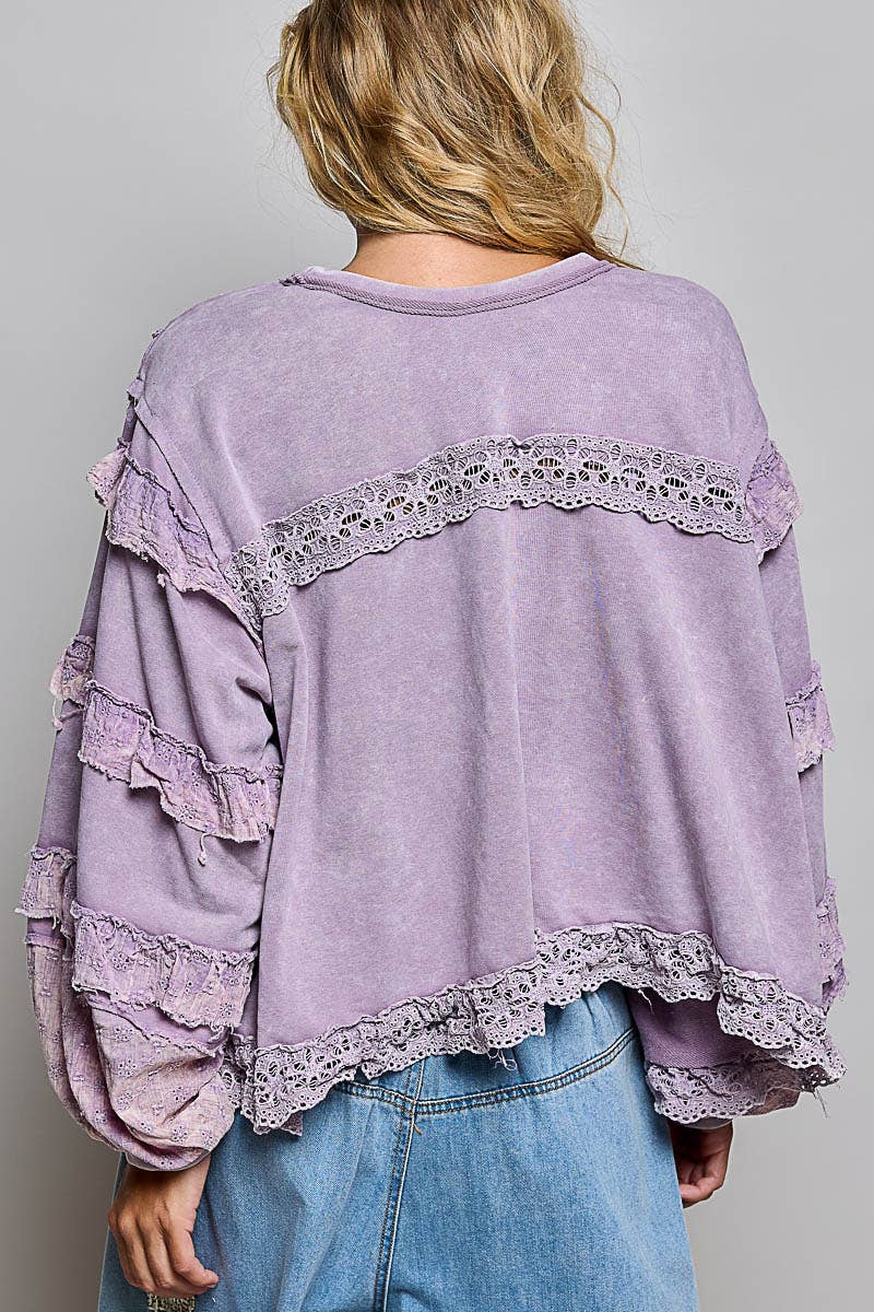 Pol Clothing - French Terry Eyelet Ruffle Vintage Washing Solid Knit Top