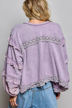 Pol Clothing - French Terry Eyelet Ruffle Vintage Washing Solid Knit Top