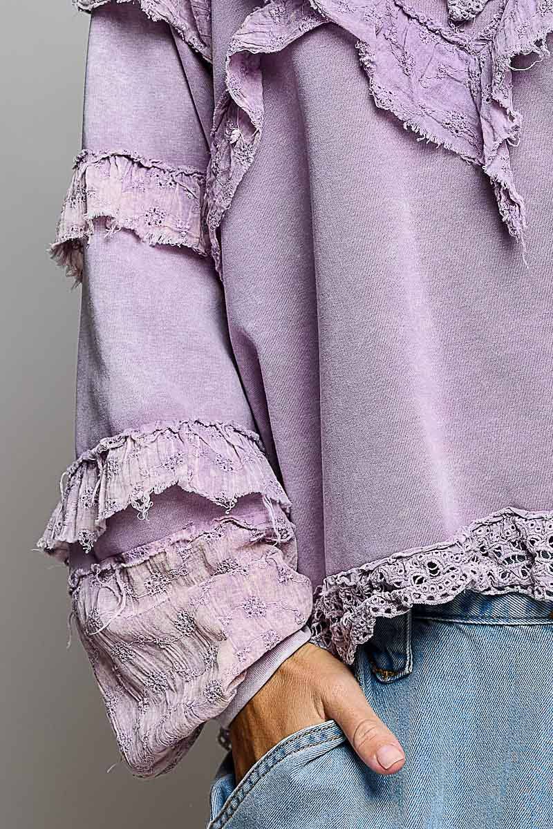 Pol Clothing - French Terry Eyelet Ruffle Vintage Washing Solid Knit Top