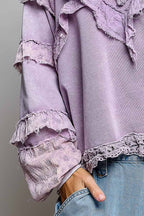 Pol Clothing - French Terry Eyelet Ruffle Vintage Washing Solid Knit Top