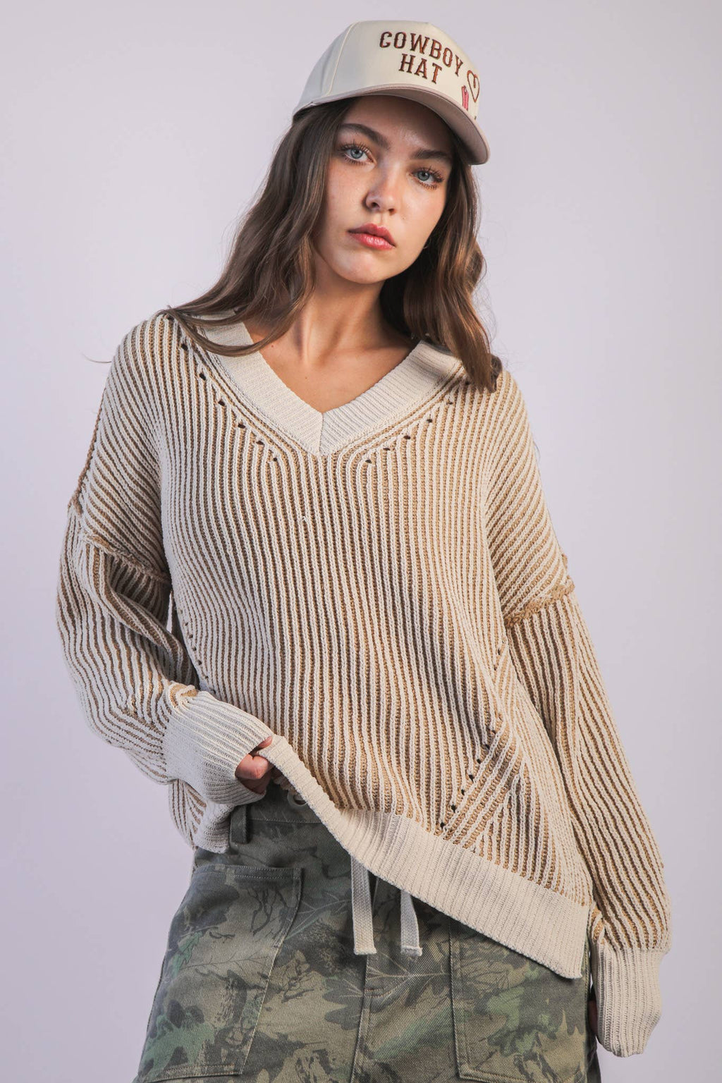 Oversized Two Tone Knit Casual Sweater Top