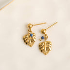 Waterproof Earrings Palm Leaf Lapis Stone Drop Narelle Gold
