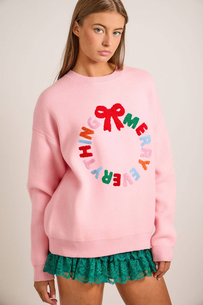 Merry Everything Knit Sweater with Wreath & Bow – Holiday