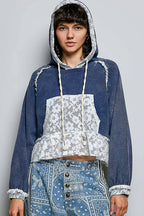 Pol Clothing - Cropped Balloon Sleeves Thermal Knit Lace Casual Hoodie