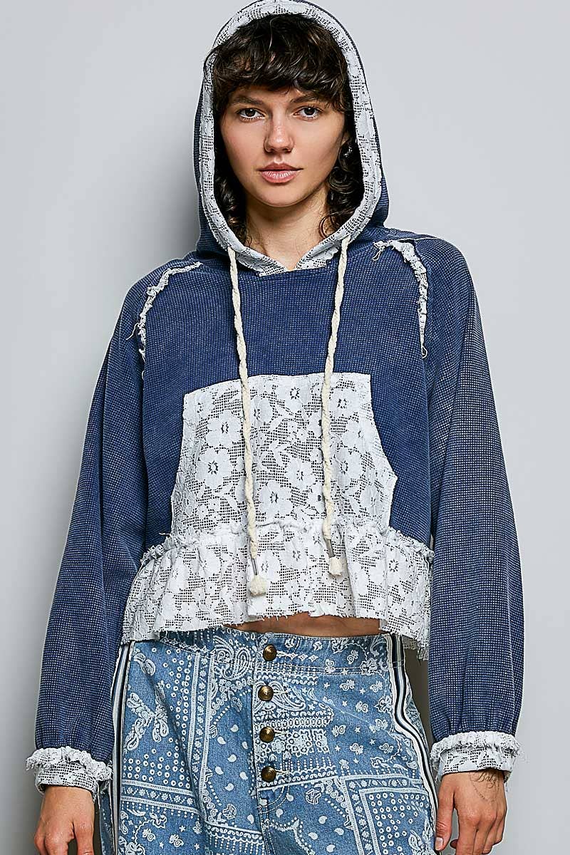 Pol Clothing - Cropped Balloon Sleeves Thermal Knit Lace Casual Hoodie