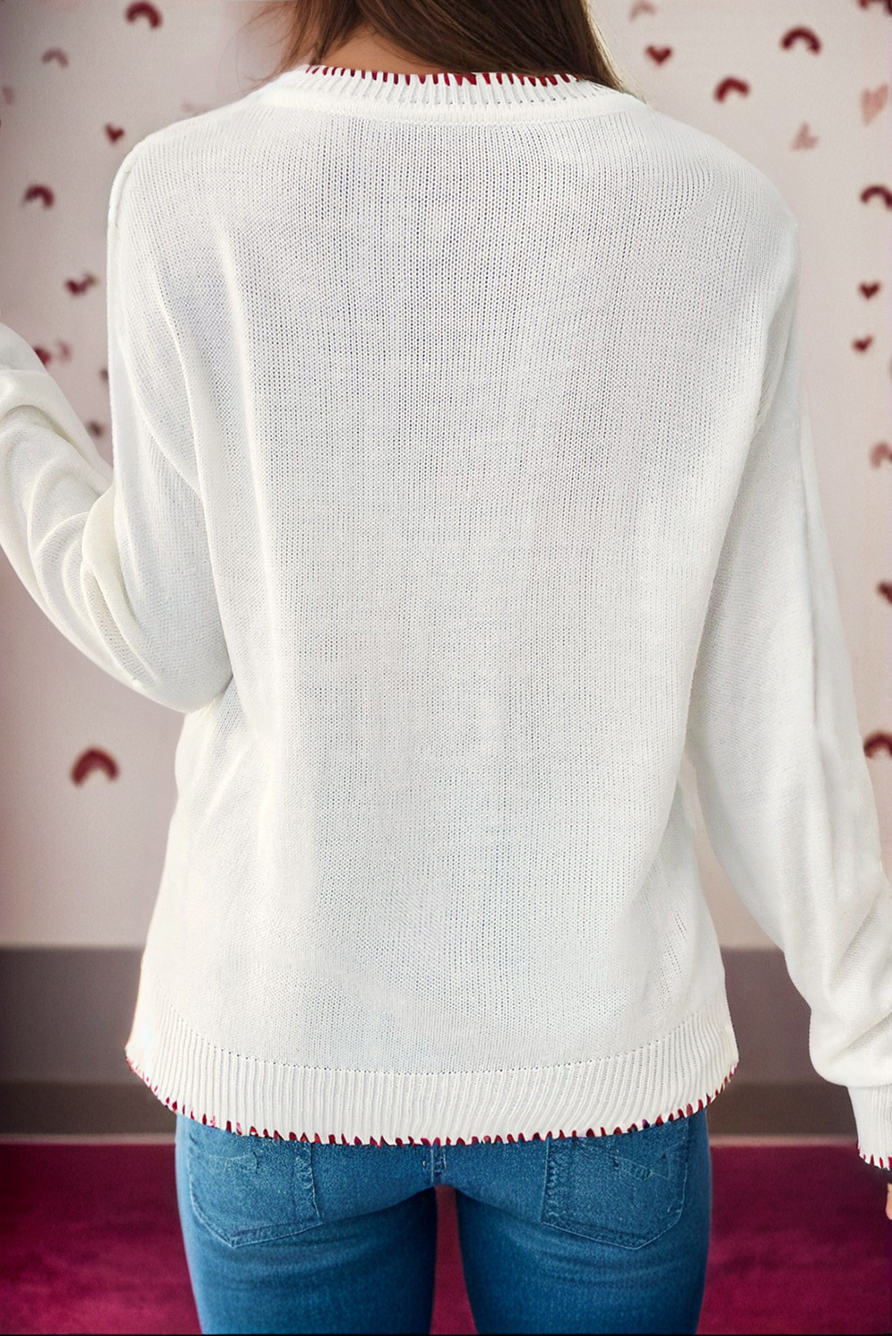 Fashion-W Bow Pattern Contrast Trim Christmas Loose Sweater