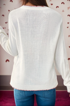 Fashion-W Bow Pattern Contrast Trim Christmas Loose Sweater