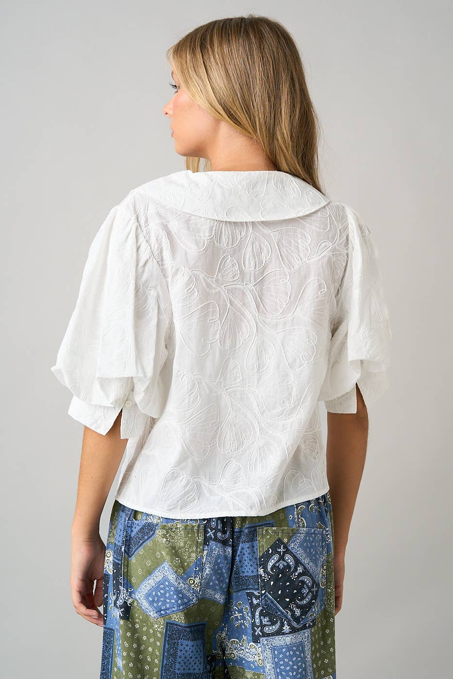 mittoshop - EMBROIDERED PETER PAN COLLAR PUFF SLEEVE BLOUSE
