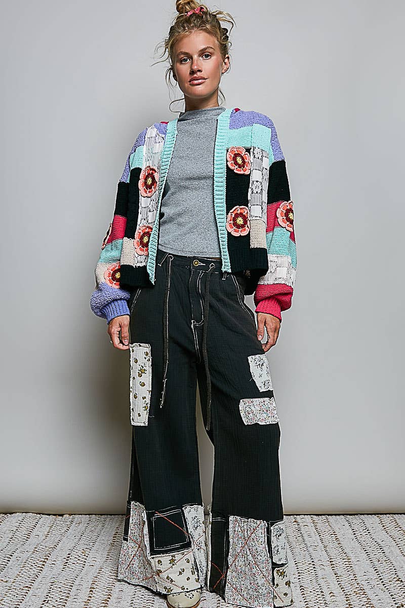 Pol Clothing - Mixed-Texture Patchwork Chenille Knit Crochet Cardigan