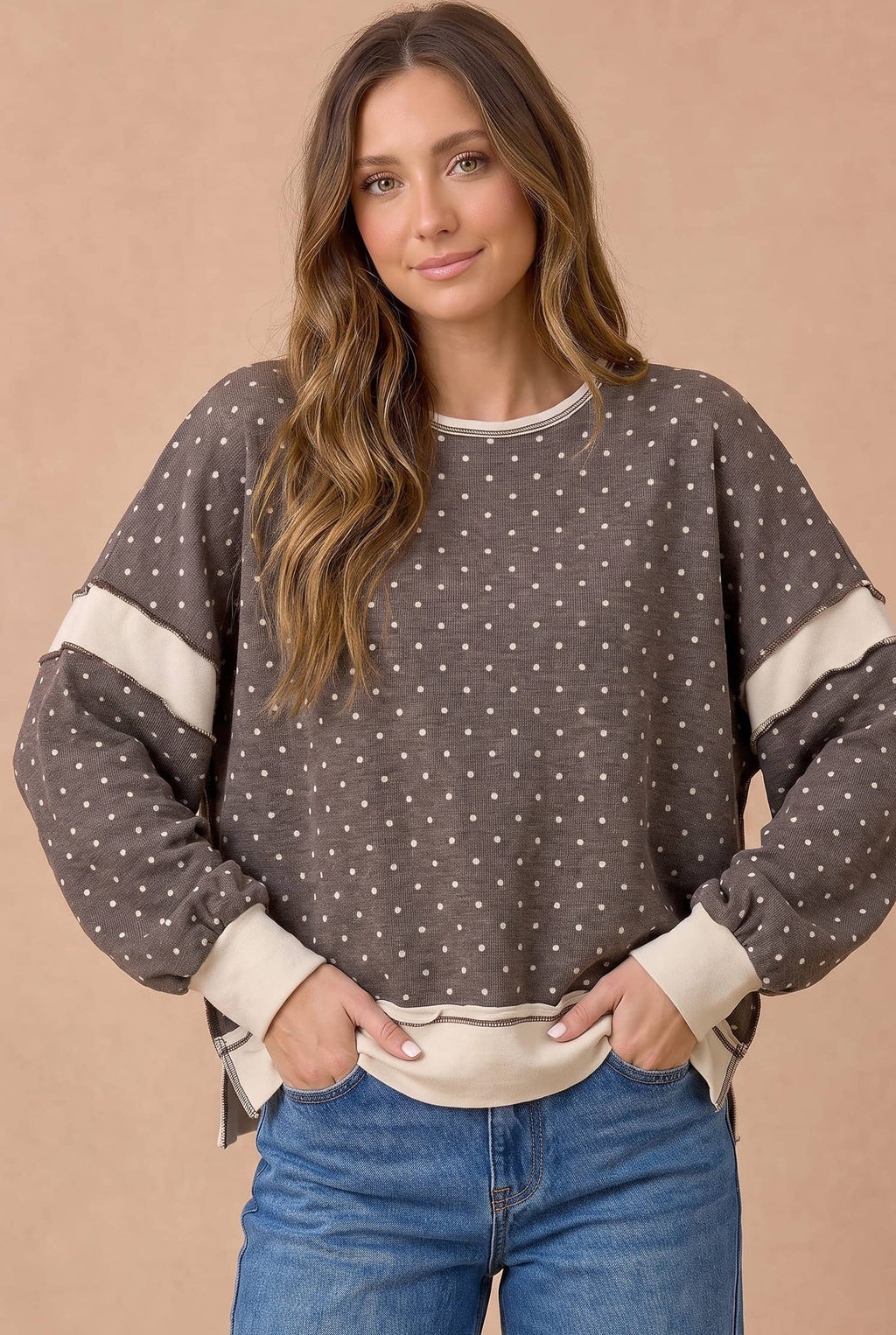 Haptics - Polka Dot Colorblock Cutout Back Pullover