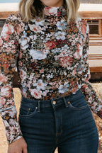 Fashion-W Floral Long Sleeve Mock Neck Sheath Mesh Blouse