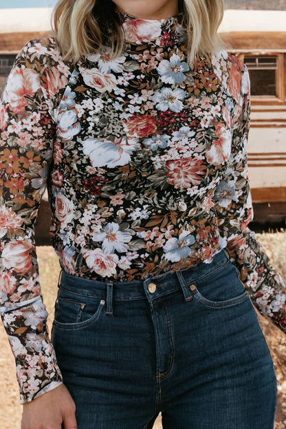 Fashion-W Floral Long Sleeve Mock Neck Sheath Mesh Blouse
