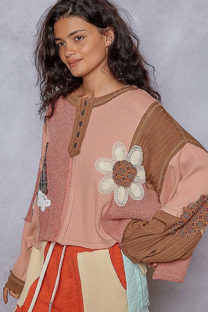Pol Clothing - Round neck cut and sew patch oversized knit top