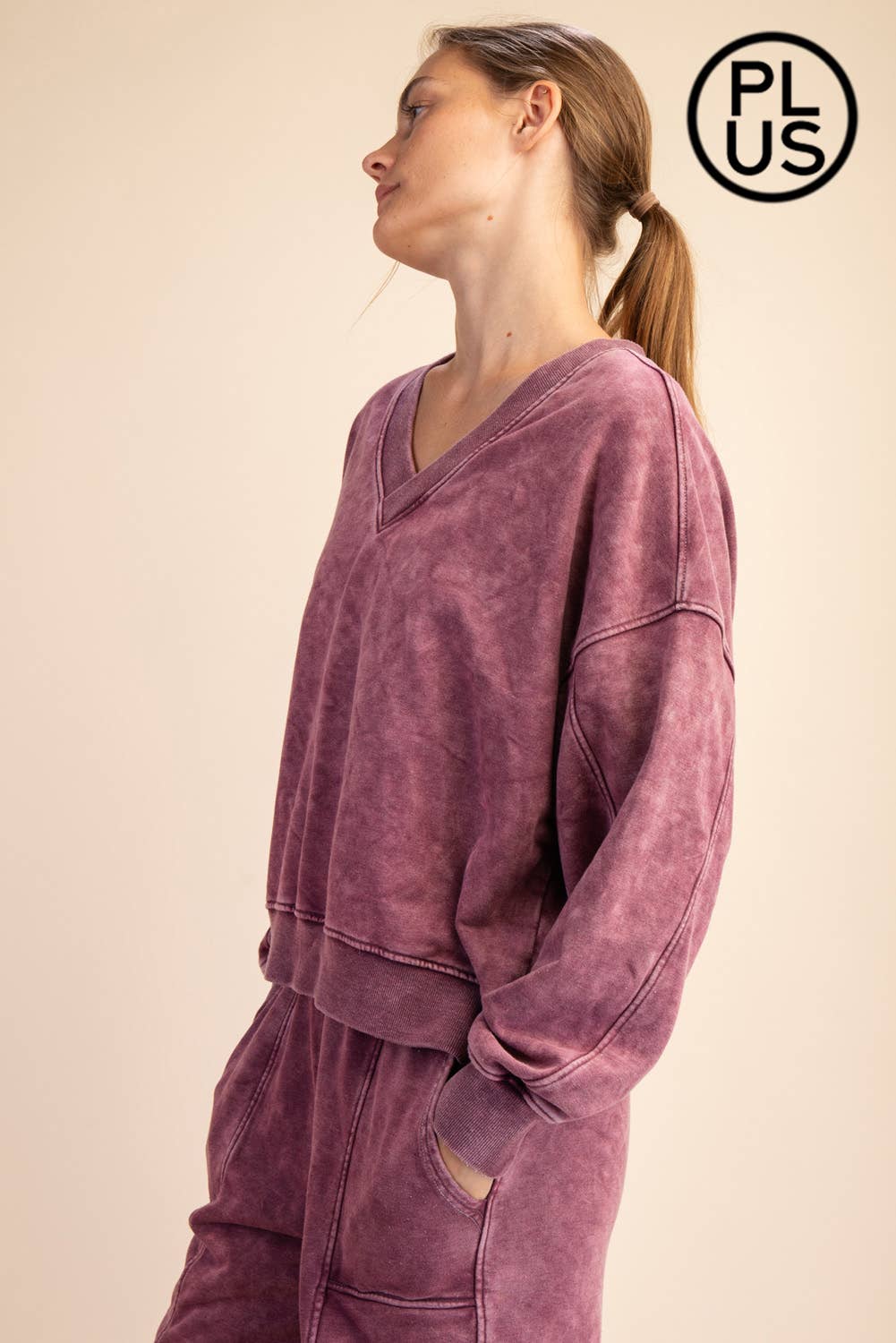 PLUS SIZE MINERAL WASHED FRENCH TERRY V-NECK PULLOVER Rae Mode