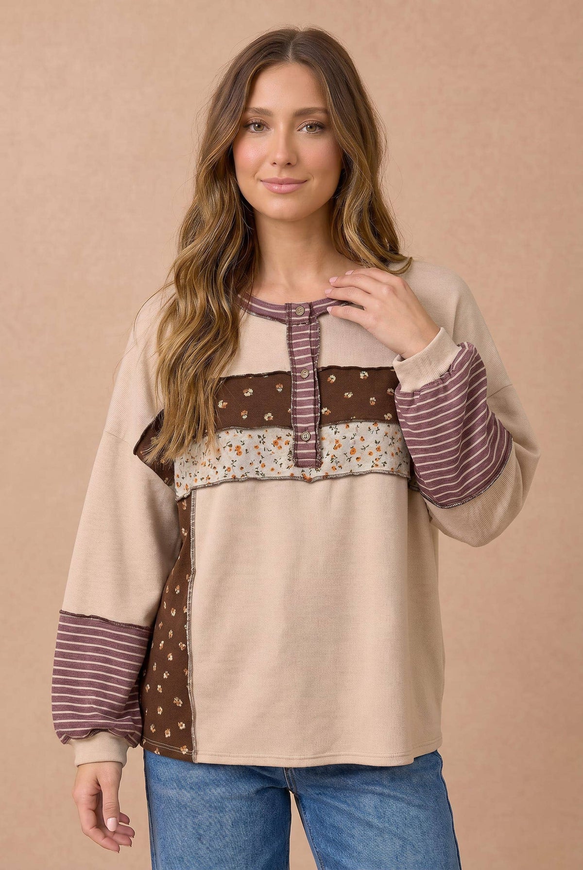 Haptics - Floral Stripe Color Block Neck Buttoned Top