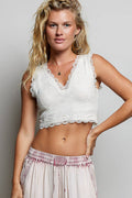 Pol Clothing - Lace Trim Ribbed V Neck Summer Sleeveless Crop Top