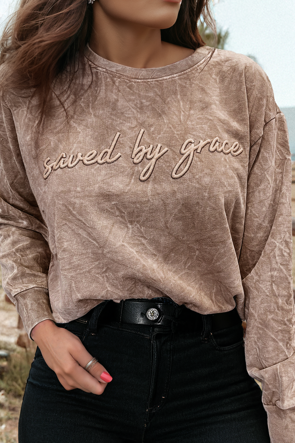 Saved By Grace Embroidery Mineral Wash Loose Sweatshirt
