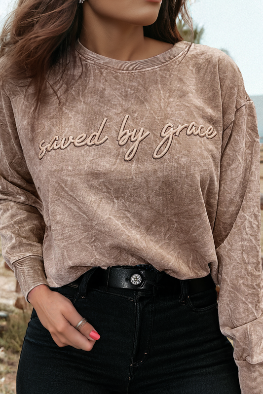 Saved By Grace Embroidery Mineral Wash Loose Sweatshirt