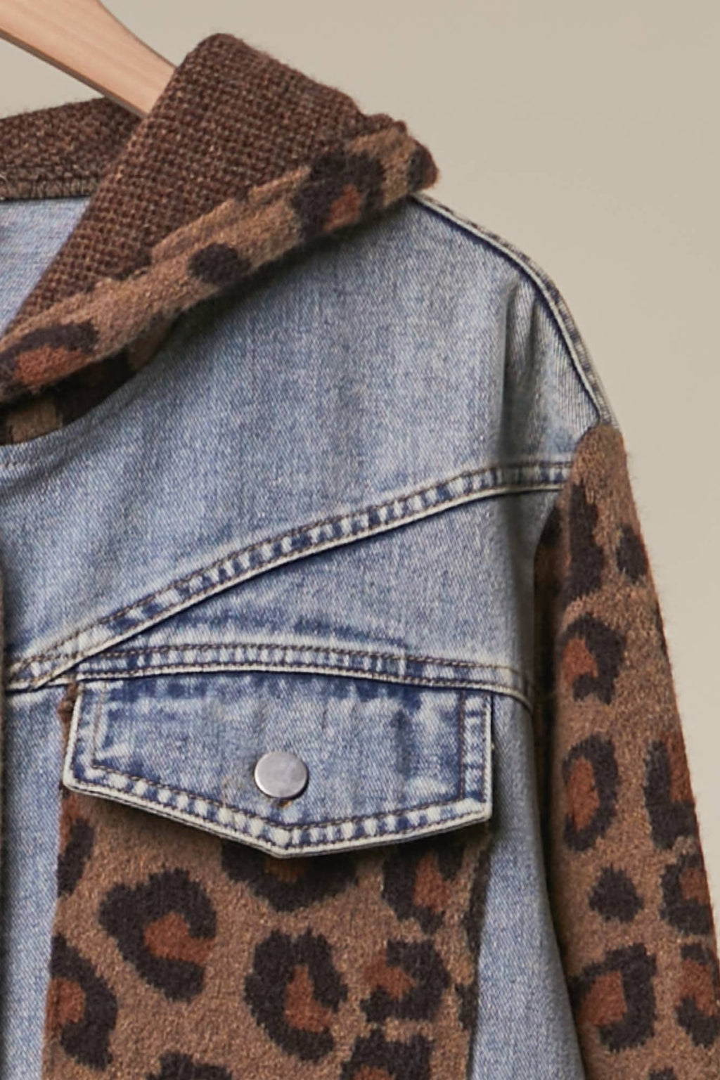 Denim Vest with Animal Print Sleeves and Hoodie -Mello