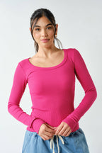 Scoop Neck Micro-Ribbed Long Sleeve Top Mono B