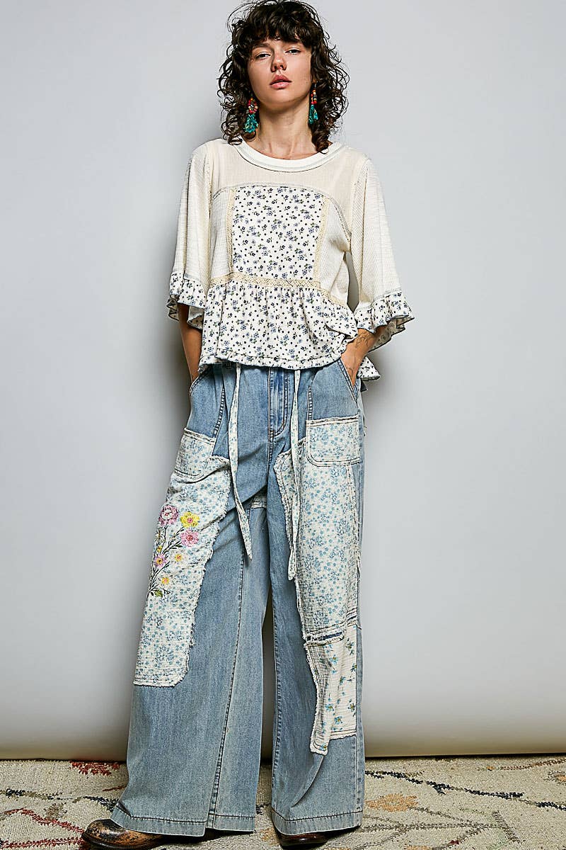Pol Clothing - Round Neck Floral Patchwork Ruffle Hem 3/4 Sleeve Top