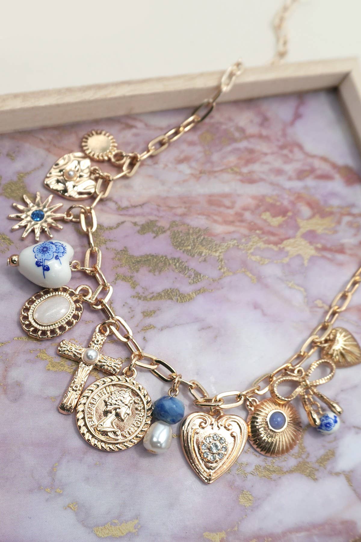 CHARM NECKLACE-PORCELAIN HEARTS CROSS NECKLACE |