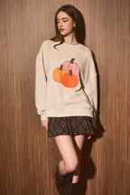LE LIS - Embroidered Pumpkin Oversized Crew Neck Sweatshirt