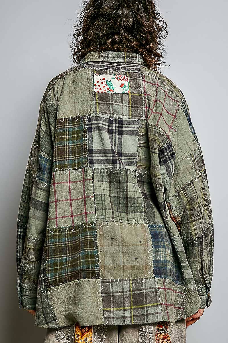 Pol Clothing - Vintage Oversized Plaid Patchwork Button-Up Shirt Top