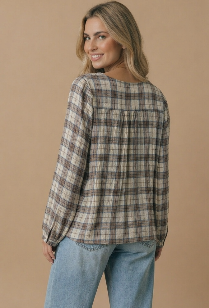 Haptics - Plus Crinkle Plaid Pin Tuck Buttoned Woven Blouse