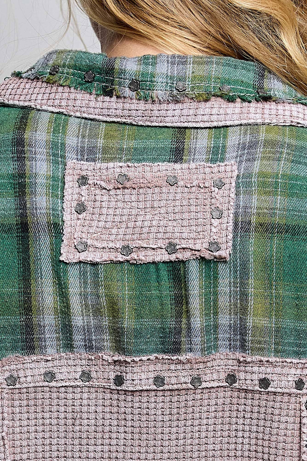 Pol Clothing - Plaid Mixed-Fabric Thermal Patch Studded Raw Edge Shirt