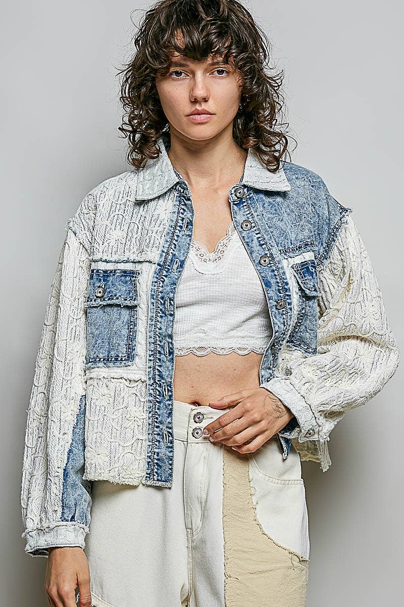 Pol Clothing - Cable Knit Lace Patchwork Woven Long Sleeve Shirt Top